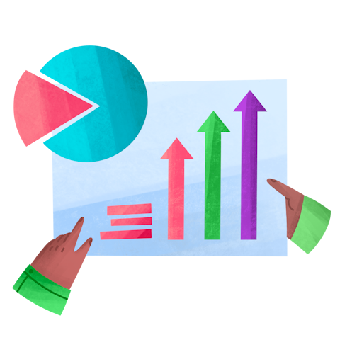 Two hands pointing to a chart with three rising arrows and a pie chart, symbolizing data analysis or growth trends.