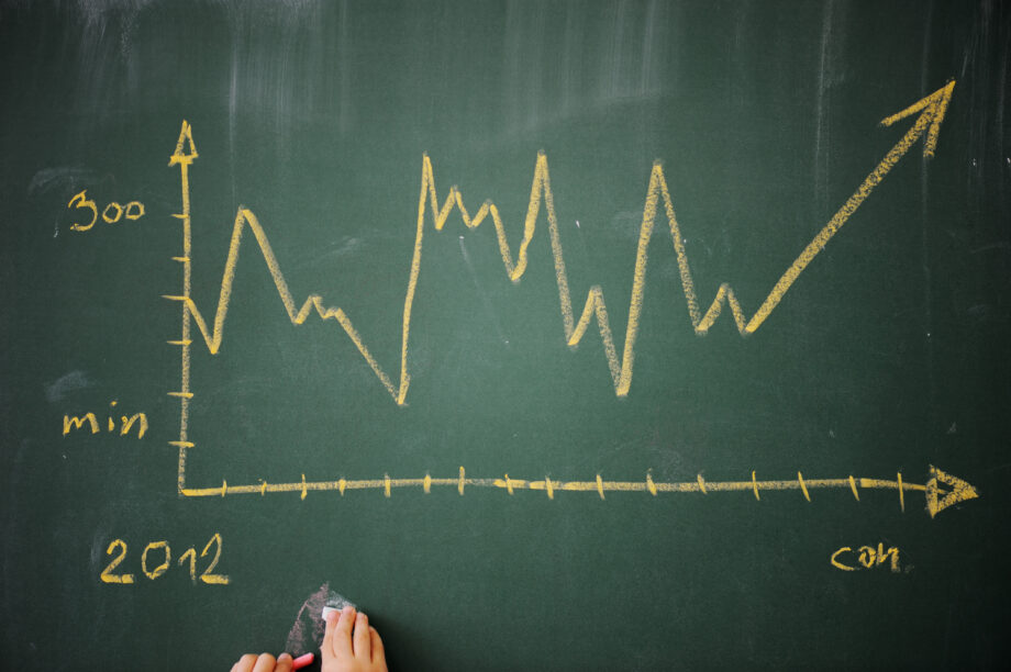 A person draws a zigzagging graph on a chalkboard, showing fluctuations and an upward trend from the year 2012 to present.