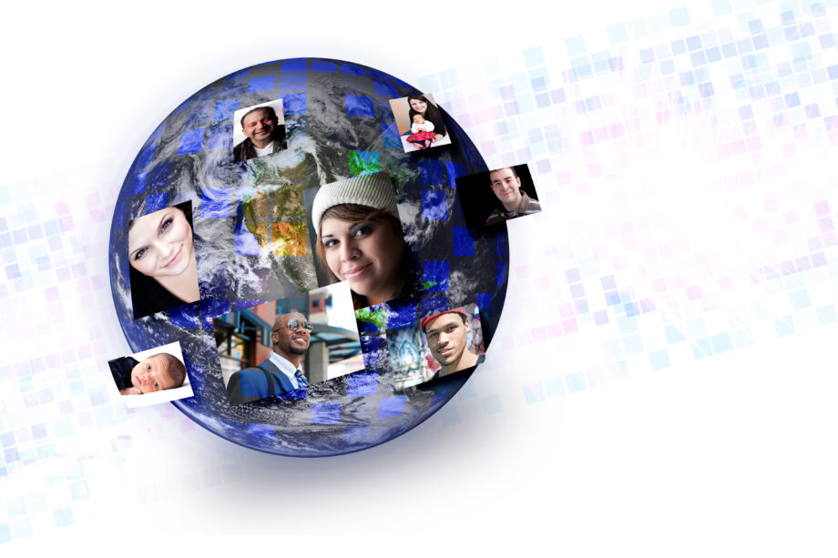 A sphere resembling Earth features various people in square frames around it against a pixelated background.