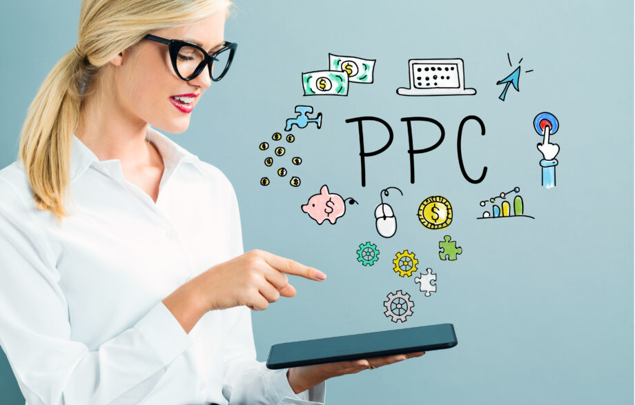 A woman in glasses points at a tablet with "PPC" written above, surrounded by digital advertising icons like money, graphs, and a cursor.