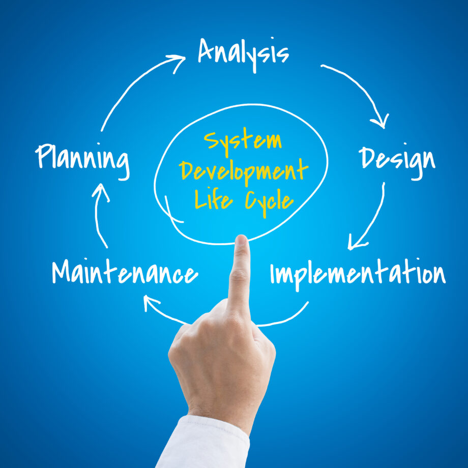 A hand points to a circular System Development Life Cycle diagram with stages: Planning, Analysis, Design, Implementation, and Maintenance, against a blue background.